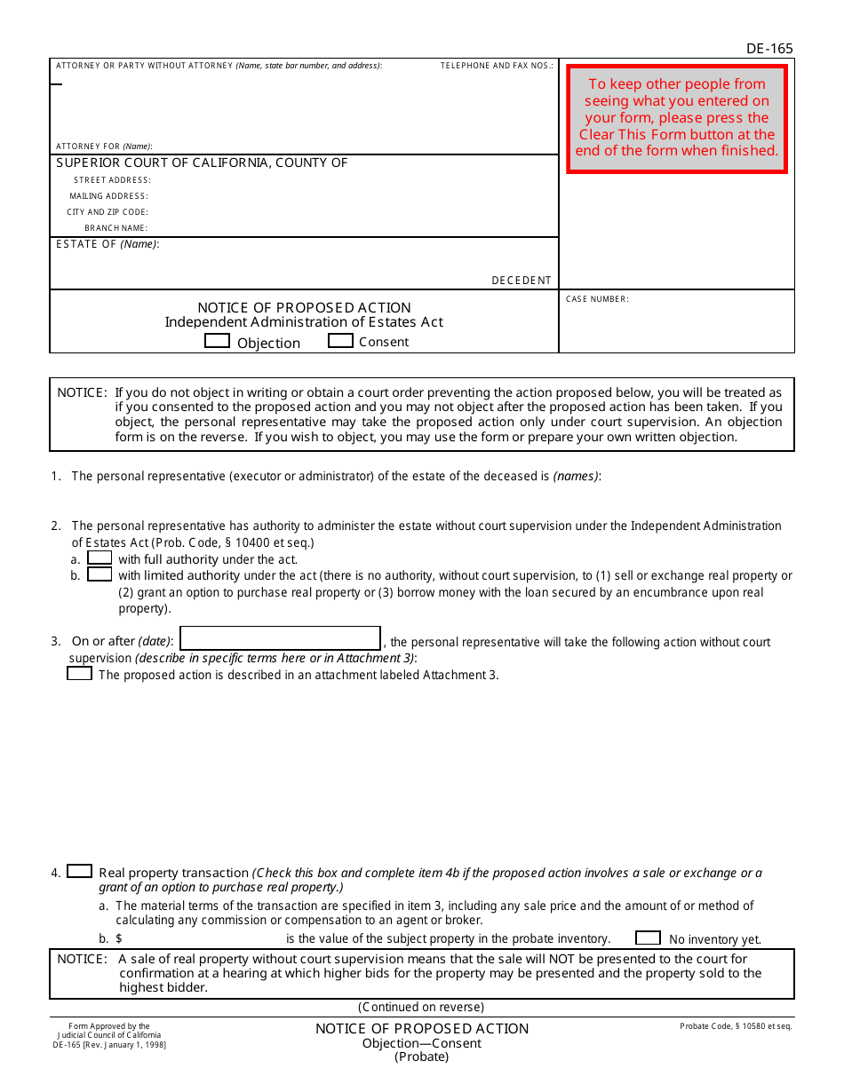 Form DE-165 Notice of Proposed Action (Objection-Consent) - California, Page 1