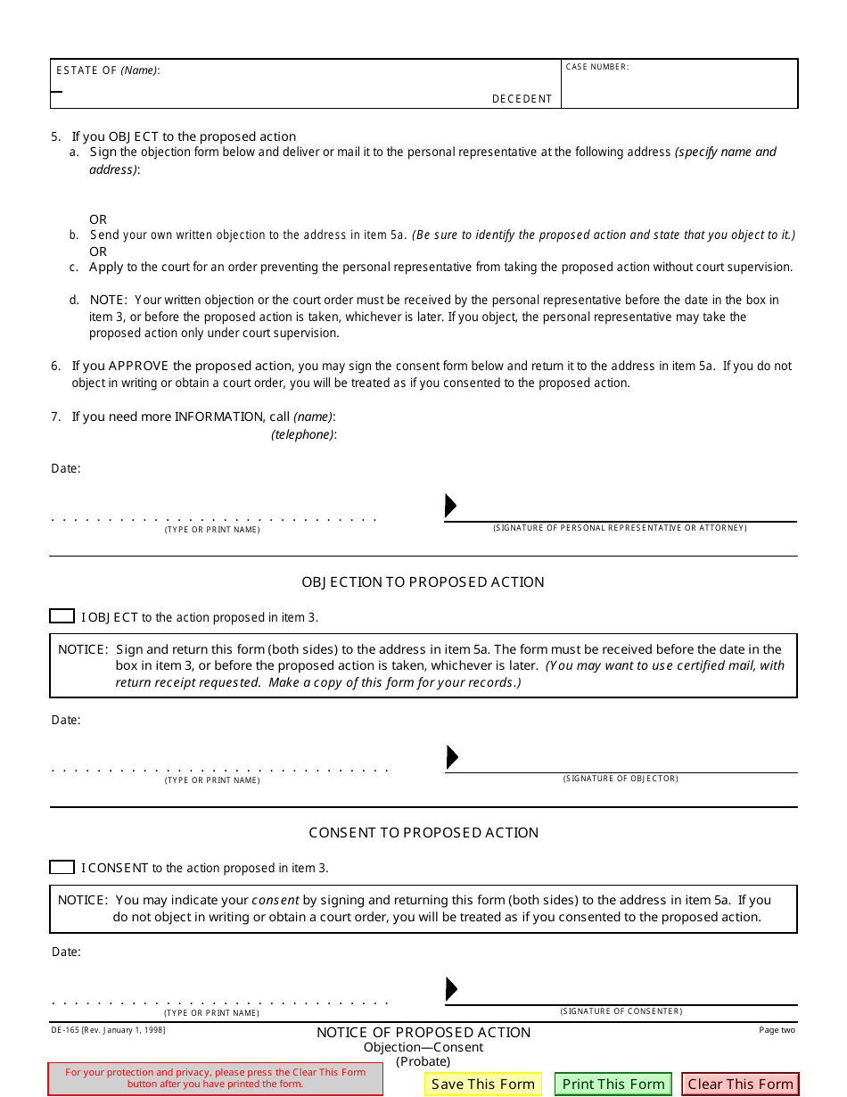 Form DE-165 Notice of Proposed Action (Objection-Consent) - California, Page 2