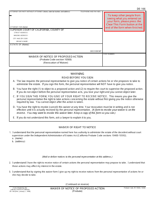 Form DE-166 Waiver of Notice of Proposed Action - California