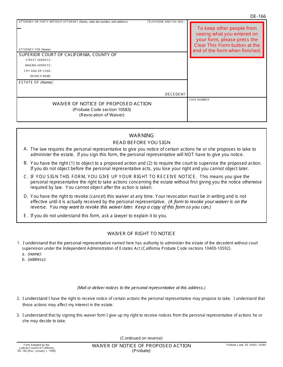 Form DE-166 Waiver of Notice of Proposed Action - California, Page 1