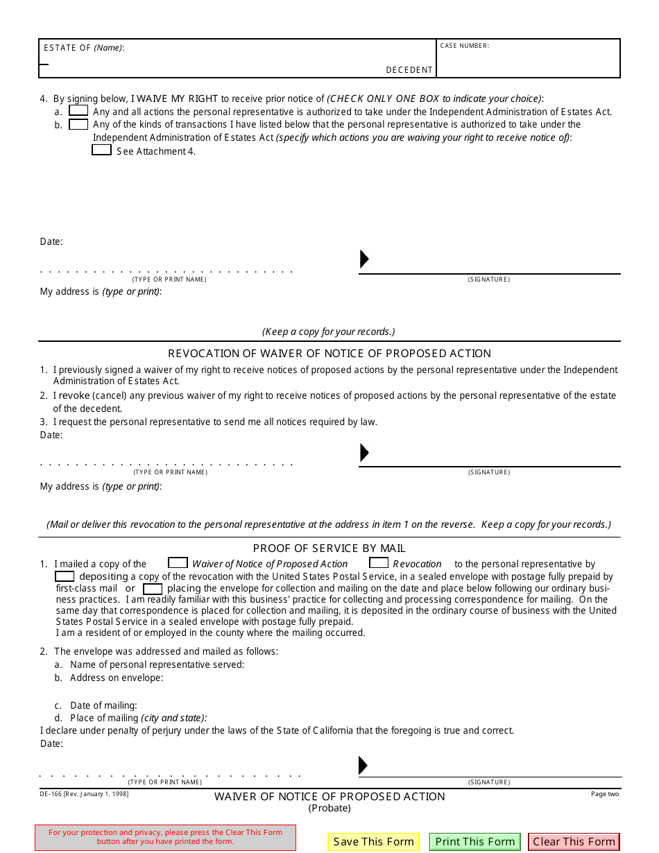 Form DE-166 Waiver of Notice of Proposed Action - California, Page 2