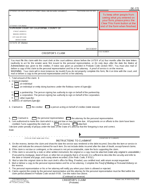 Form DE-172  Printable Pdf
