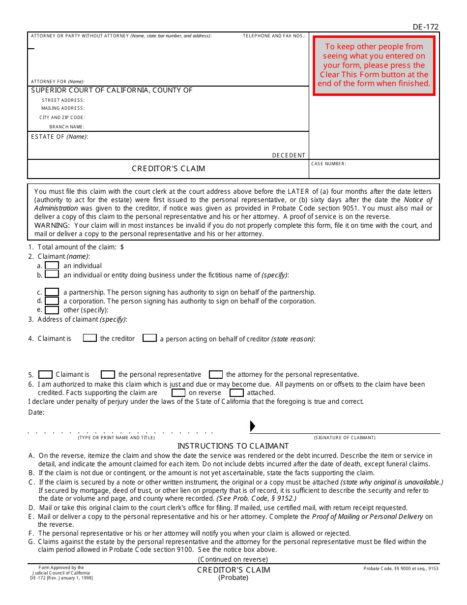 Form DE-172 Creditors Claim - California, Page 1