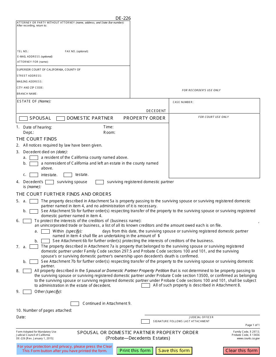 Form DE-226 Spousal or Domestic Partner Property Order (Probate - Decedents Estates) - California, Page 1