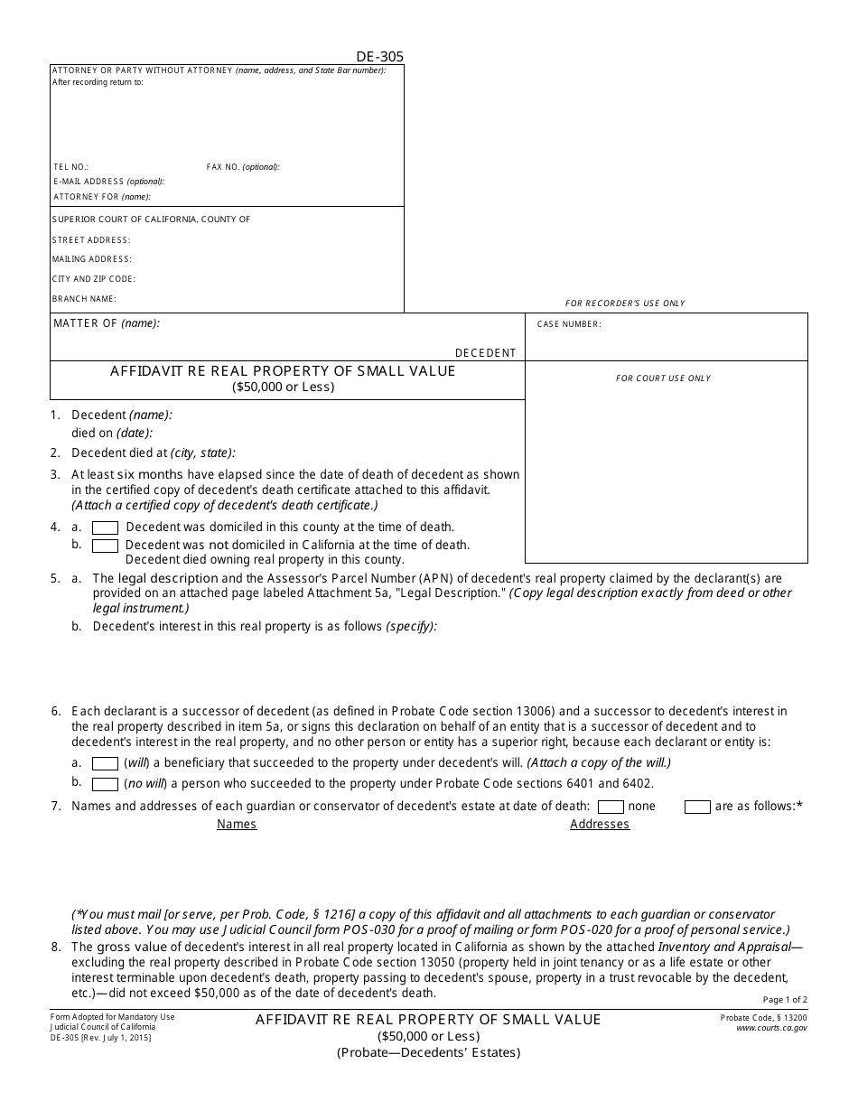 Form DE-305 Affidavit Re Real Property of Small Value ($50,000 or Less) - California, Page 1