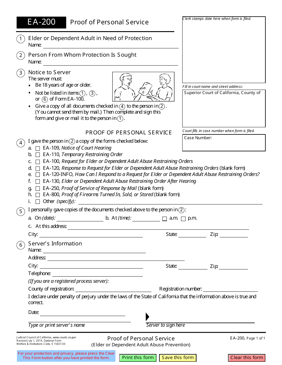 Form EA-200 Proof of Personal Service - California, Page 1