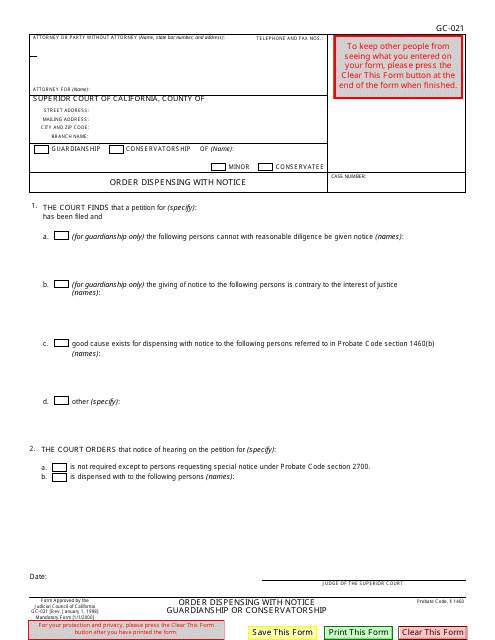 Form GC-021 Order Dispensing With Notice - California