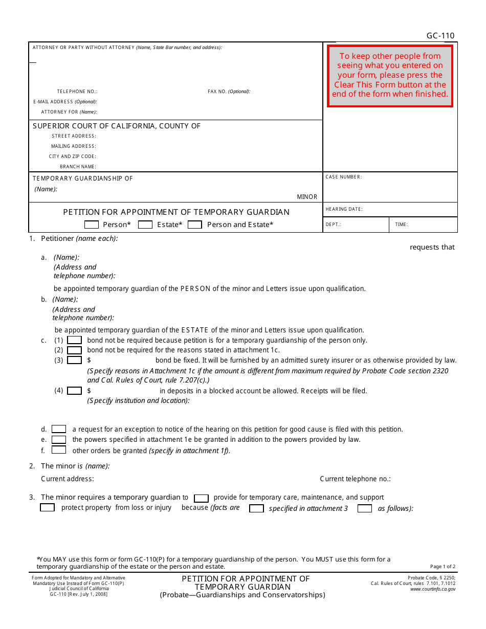Form GC-110 Petition for Appointment of Temporary Guardian - California, Page 1