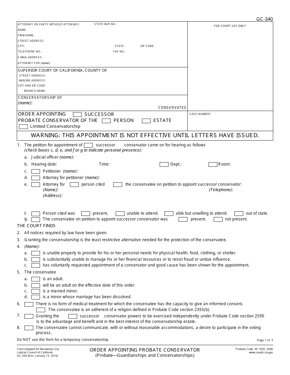 Form GC-340 Order Appointing Probate Conservator - California, Page 1