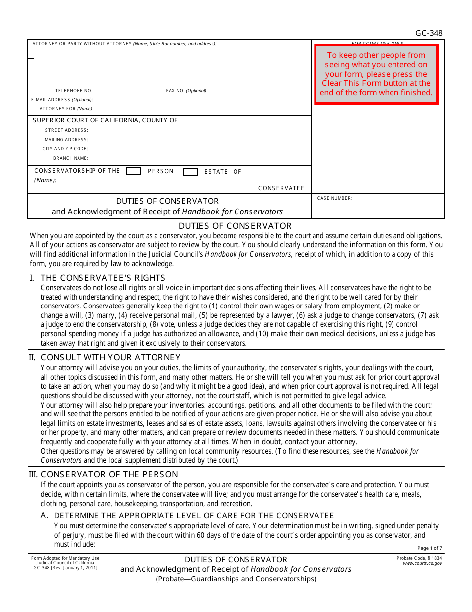 Form GC-348 Duties of Conservator and Acknowledgment of Receipt of Handbook for Conservators - California, Page 1