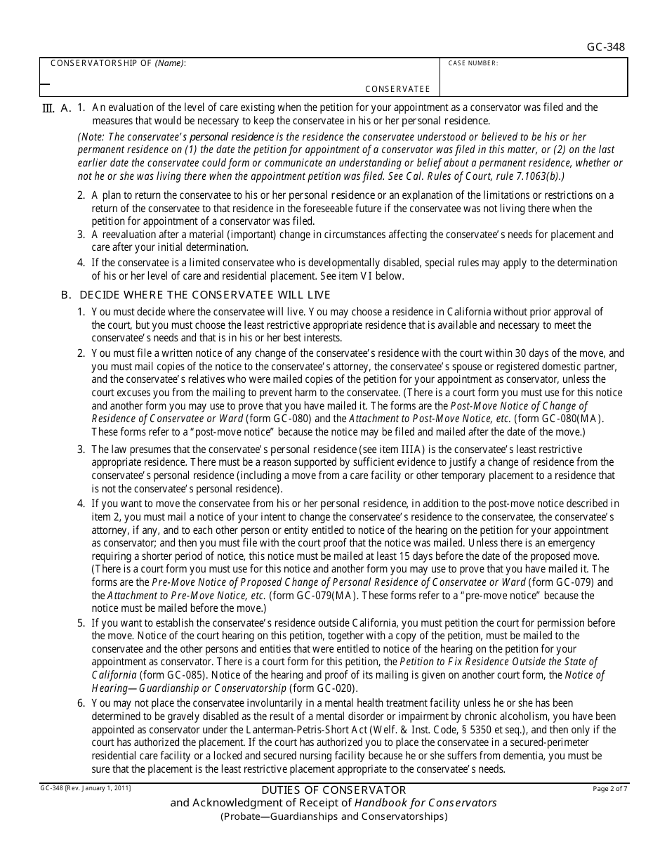 Form GC-348 Duties of Conservator and Acknowledgment of Receipt of Handbook for Conservators - California, Page 2