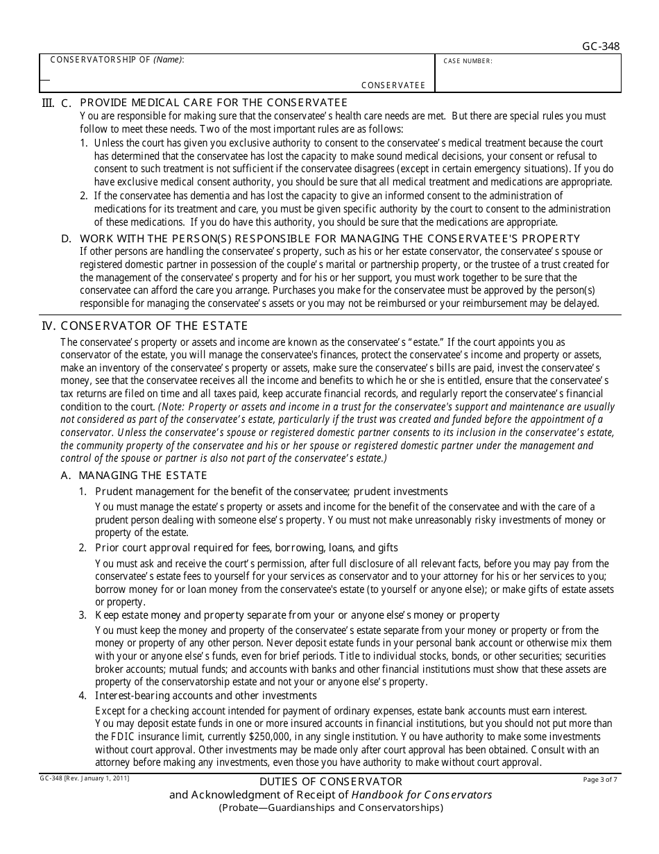 Form GC-348 Duties of Conservator and Acknowledgment of Receipt of Handbook for Conservators - California, Page 3