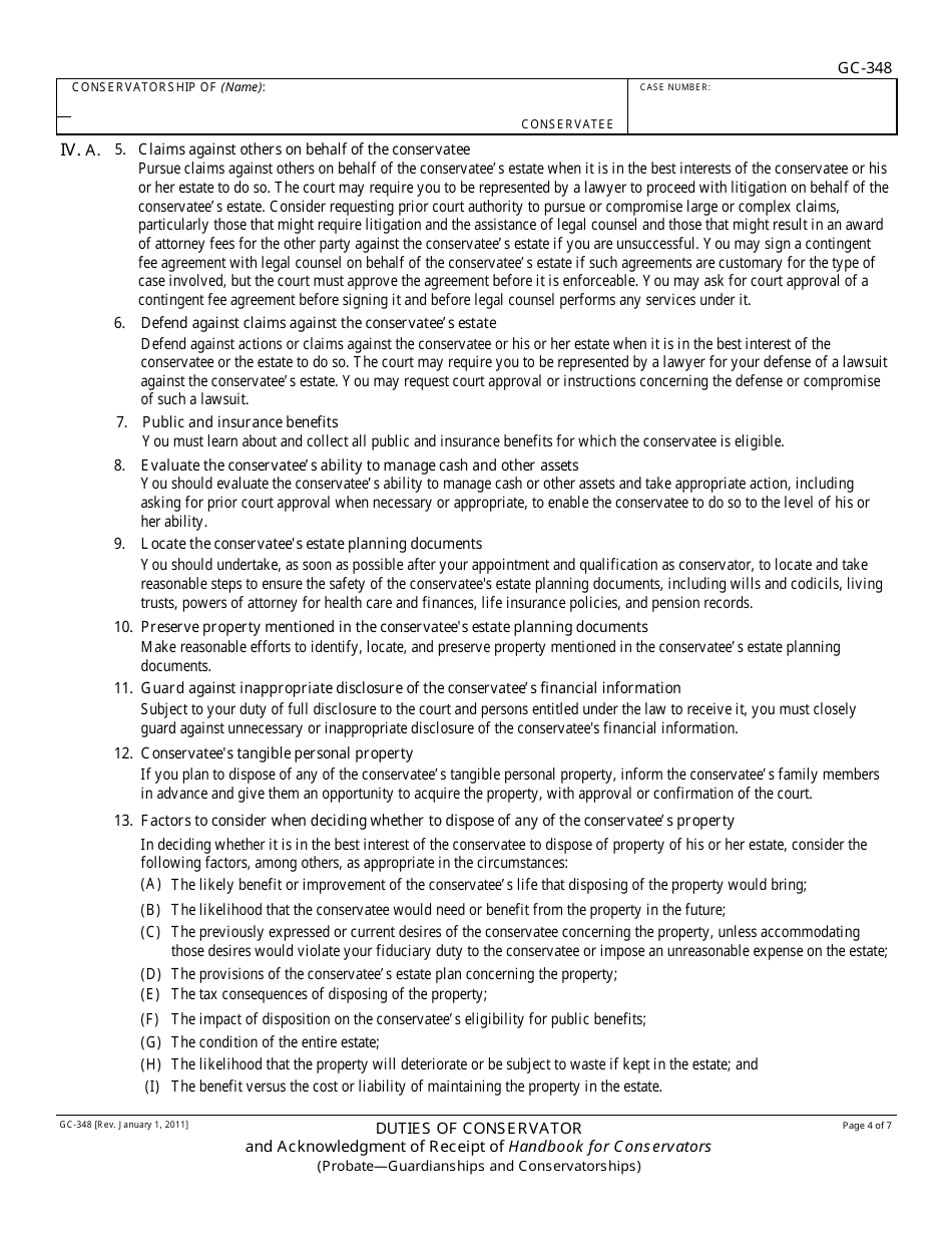 Form GC-348 Duties of Conservator and Acknowledgment of Receipt of Handbook for Conservators - California, Page 4