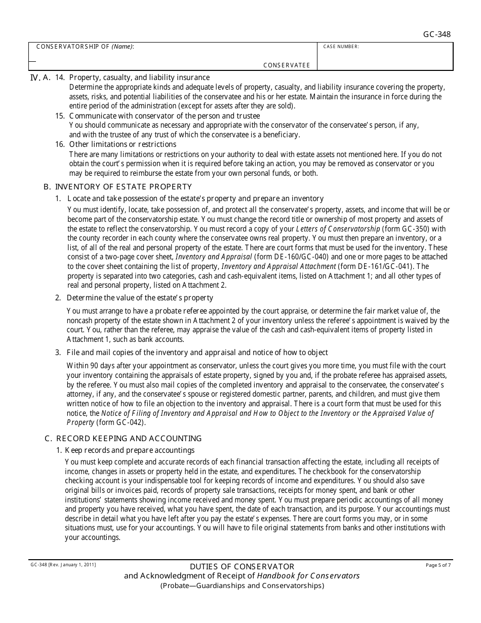 Form GC-348 Duties of Conservator and Acknowledgment of Receipt of Handbook for Conservators - California, Page 5