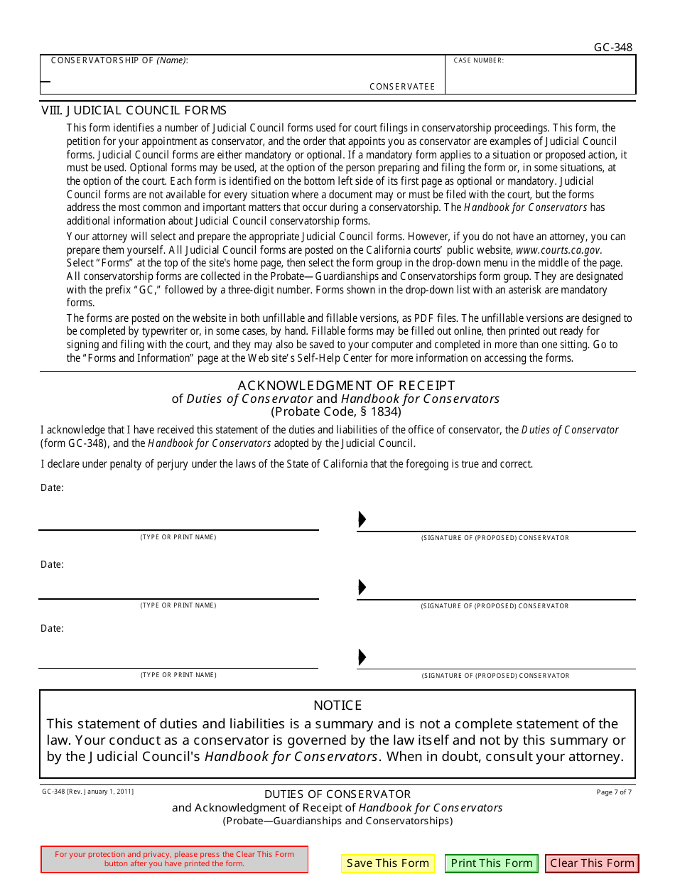 Form GC-348 Duties of Conservator and Acknowledgment of Receipt of Handbook for Conservators - California, Page 7