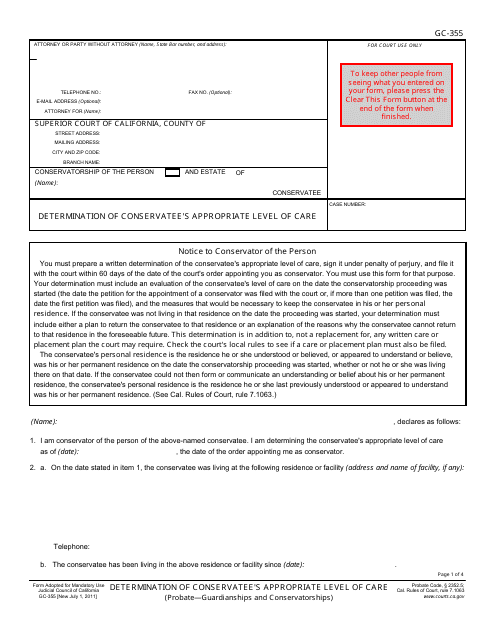 Form GC-355 Determination of Conservatee's Appropriate Level of Care - California