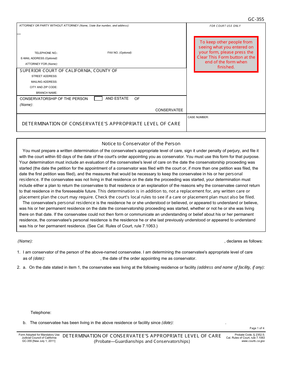 Form GC-355 Determination of Conservatees Appropriate Level of Care - California, Page 1