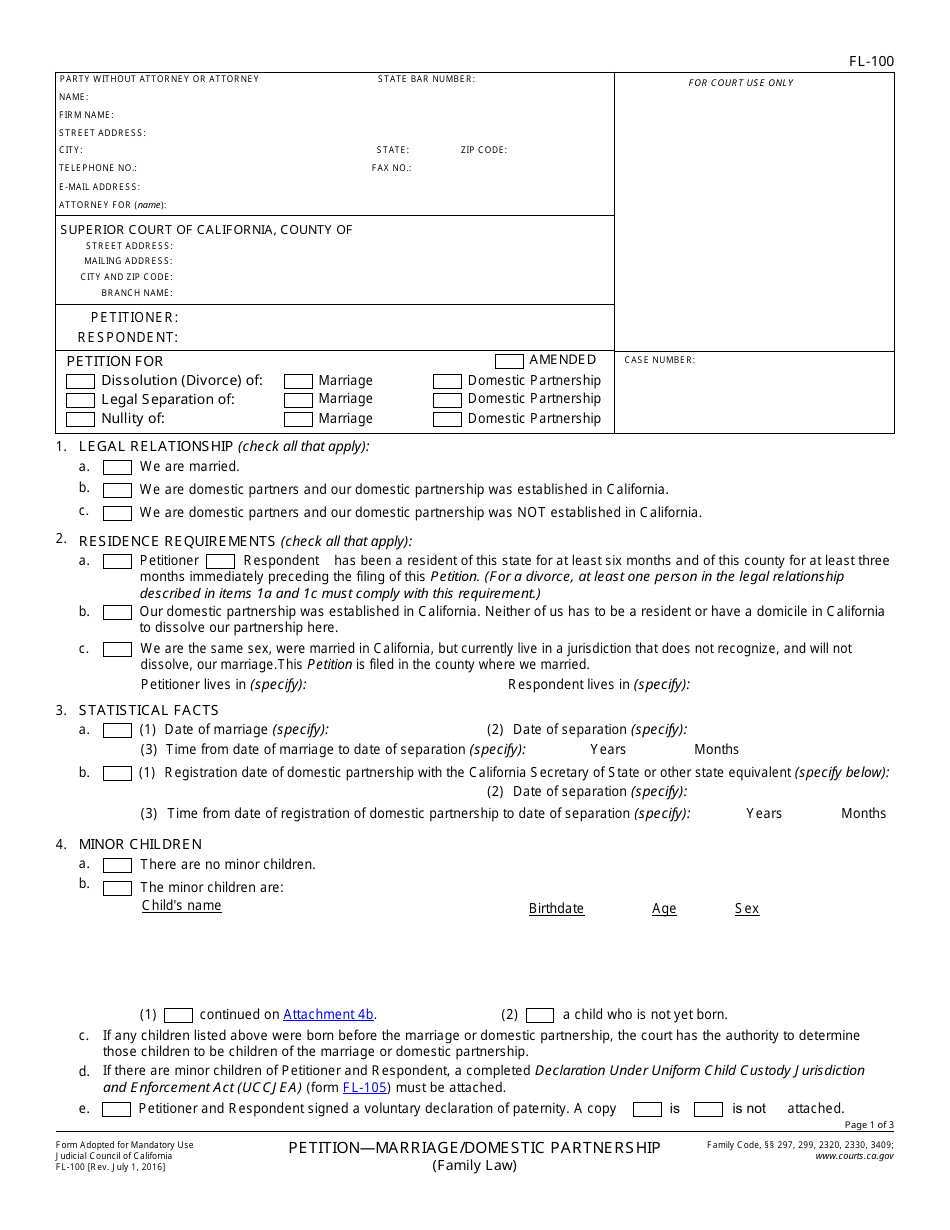 Form FL-100 Petition - Marriage / Domestic Partnership - California, Page 1