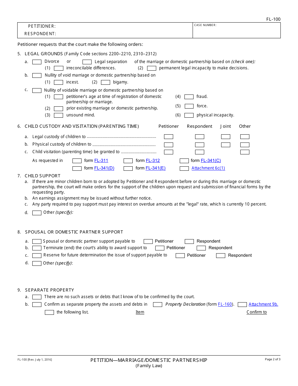 Form FL-100 Petition - Marriage / Domestic Partnership - California, Page 2