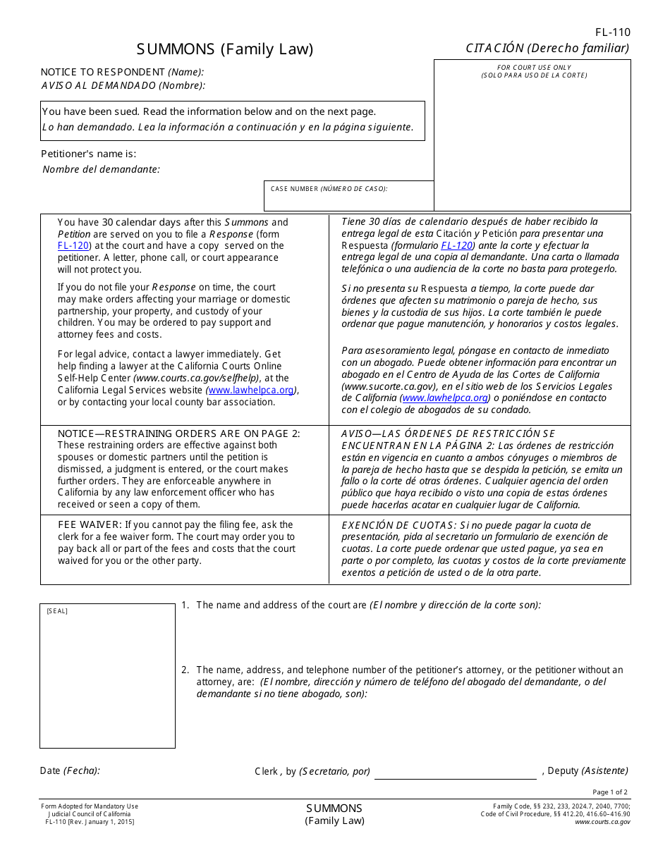 Form FL-110 Summons - California (English/Spanish), Page 1