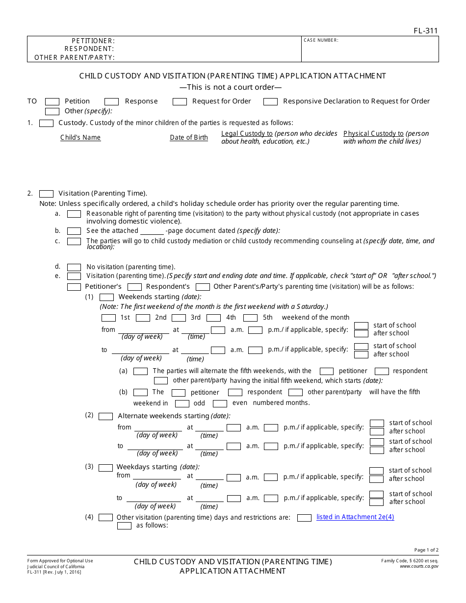 Form FL-311 Child Custody and Visitation (Parenting Time) Application Attachment - California, Page 1