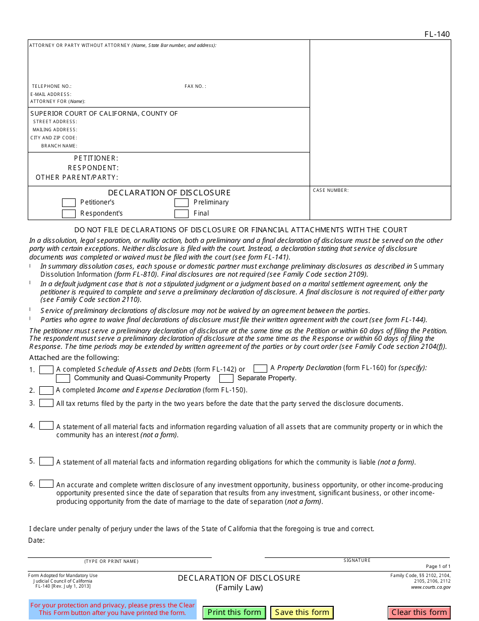 Form FL-140 Declaration of Disclosure - California, Page 1