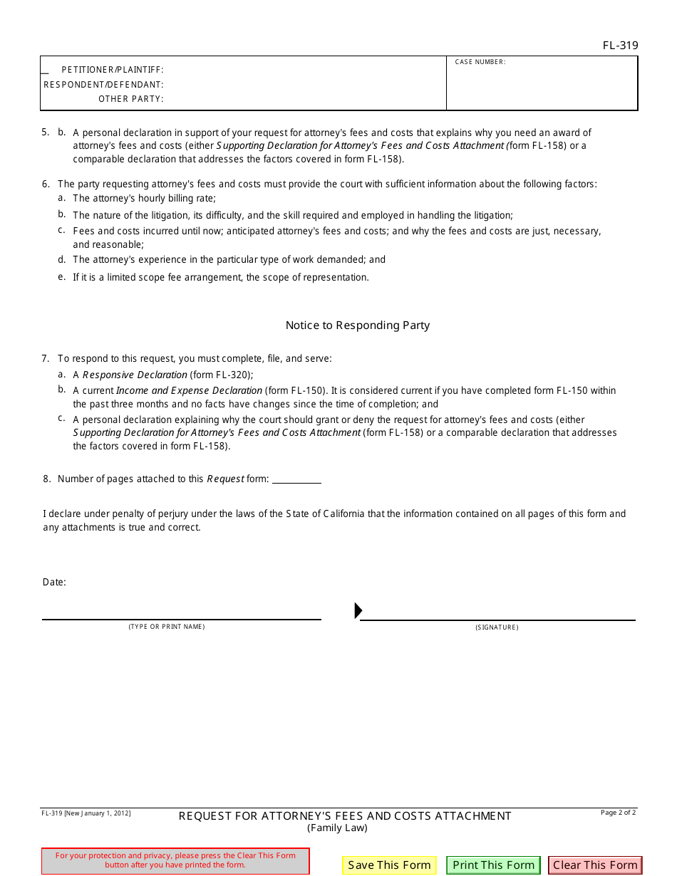 Form FL-319 Request for Attorneys Fees and Costs Attachment - California, Page 2