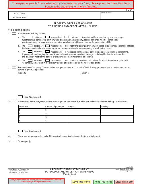 Form FL-344 Property Order Attachment to Findings and Order After Hearing - California