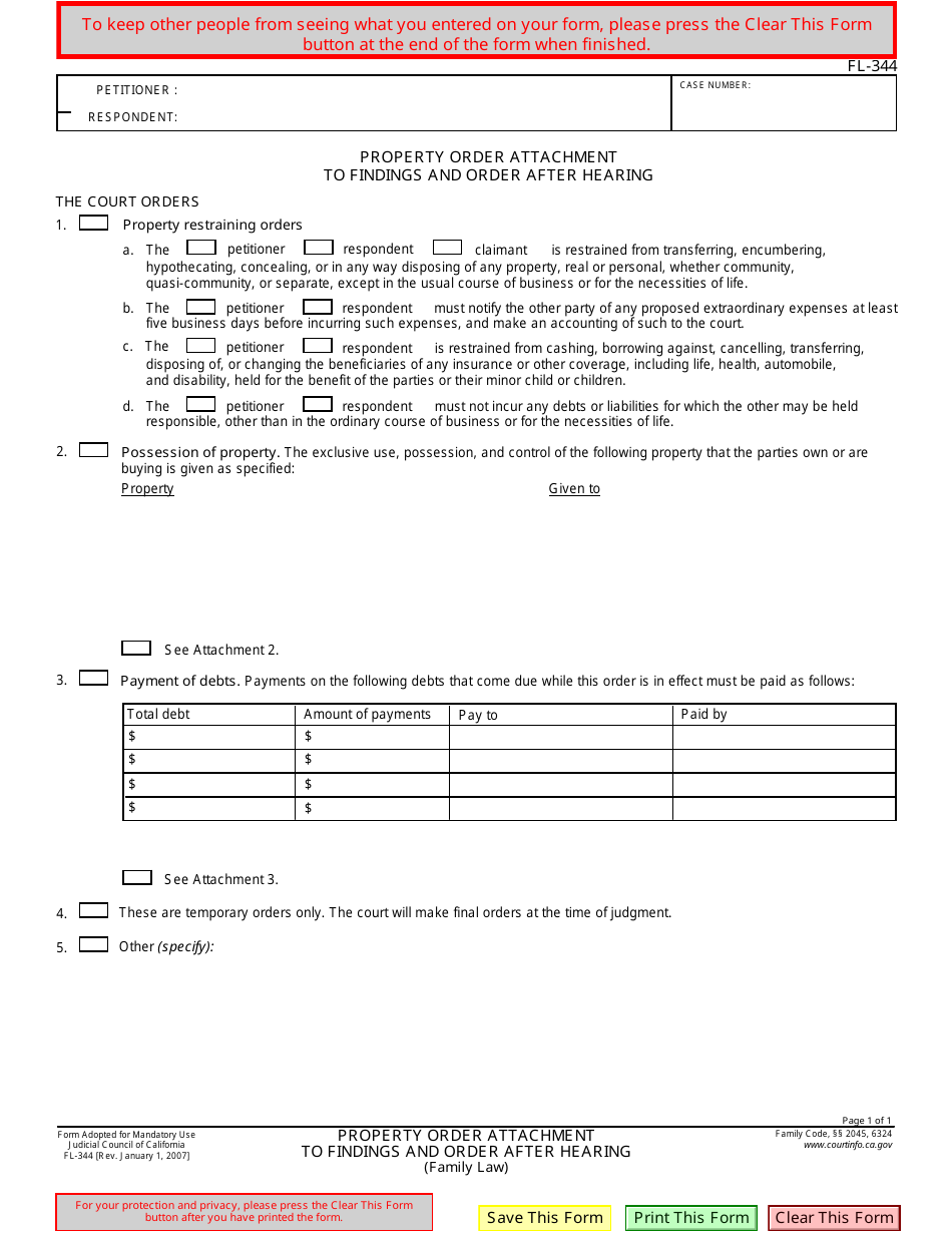 Form FL-344 Property Order Attachment to Findings and Order After Hearing - California, Page 1