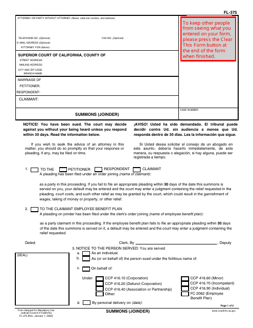 Form FL-375 Summons (Joinder) - California