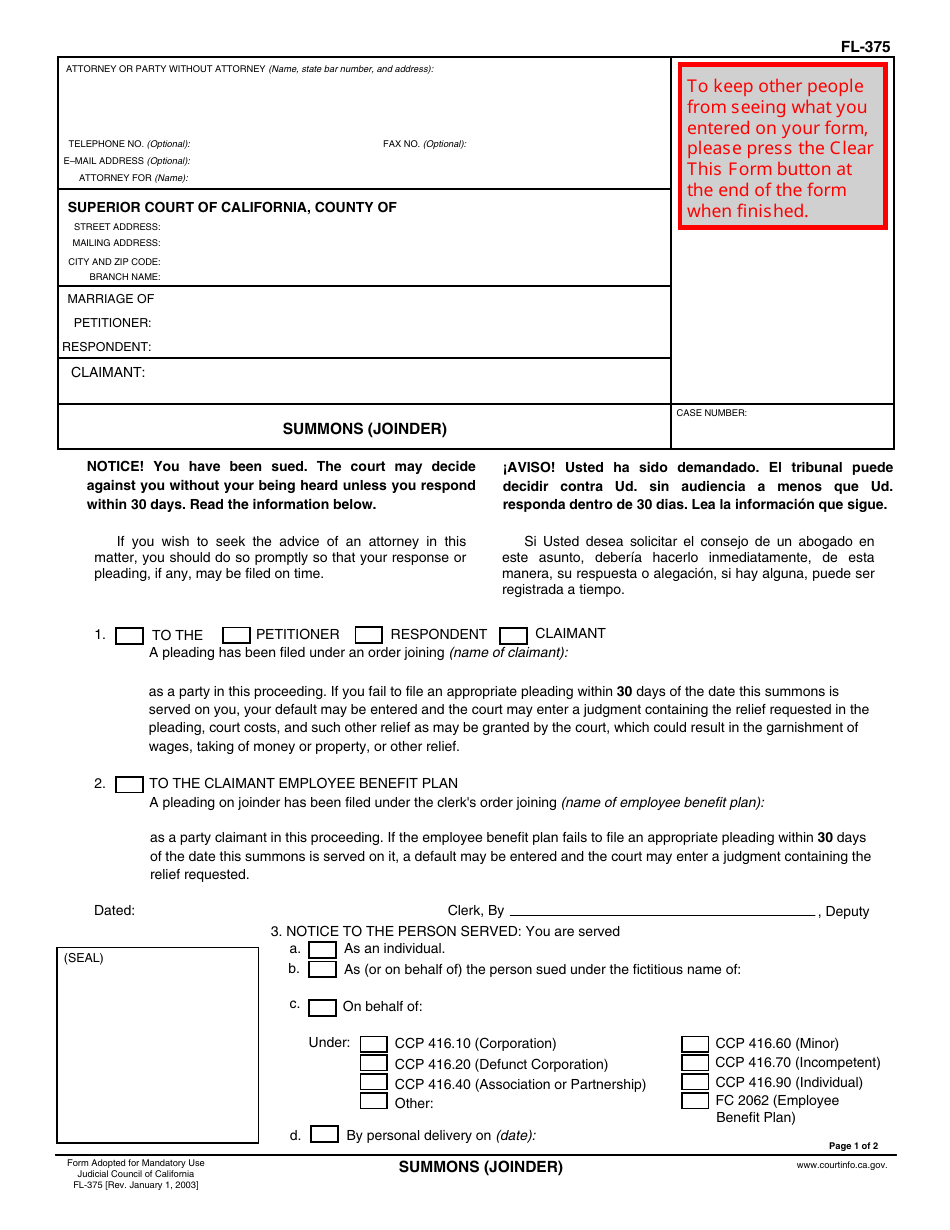 Form FL-375 Summons (Joinder) - California, Page 1
