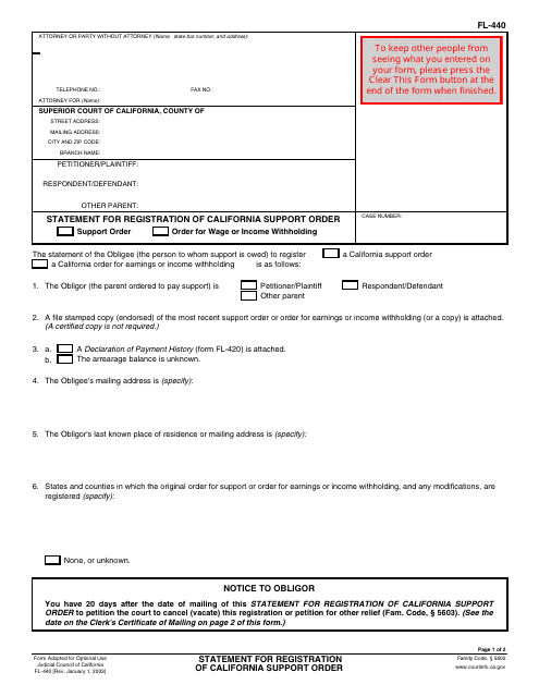 Form FL-440 Statement for Registration of California Support Order - California