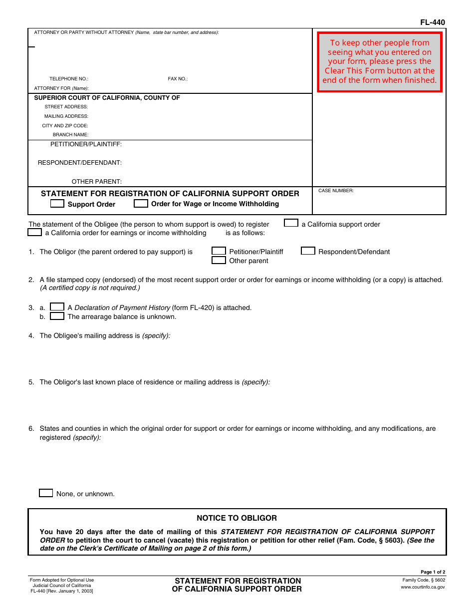 Form FL-440 Statement for Registration of California Support Order - California, Page 1