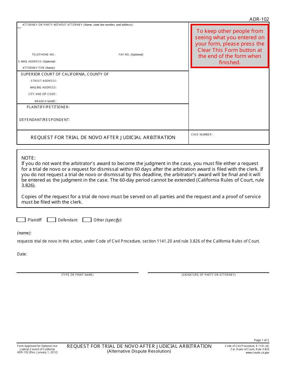 Form ADR-102 Request for Trial De Novo After Judicial Arbitration - California, Page 1