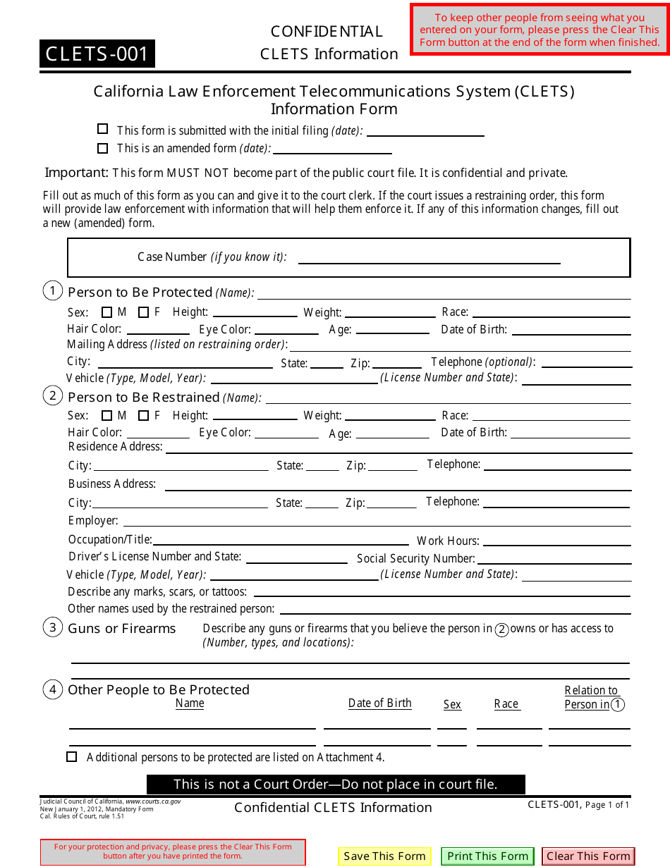 Form CLETS-001 Confidential Clets Information - California, Page 1