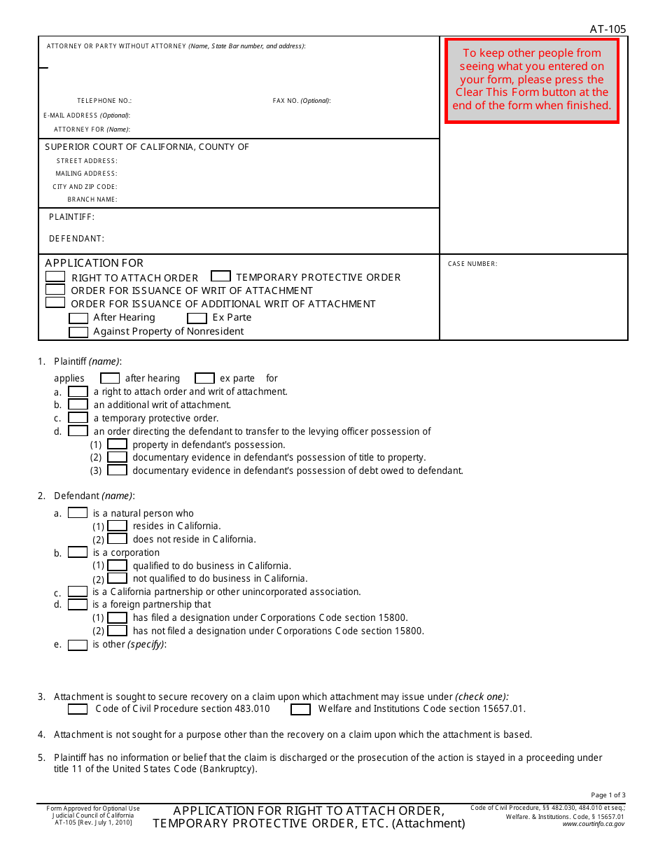 Form AT-105 Application for Right to Attach Order, Temporary Protective Order, Etc. - California, Page 1