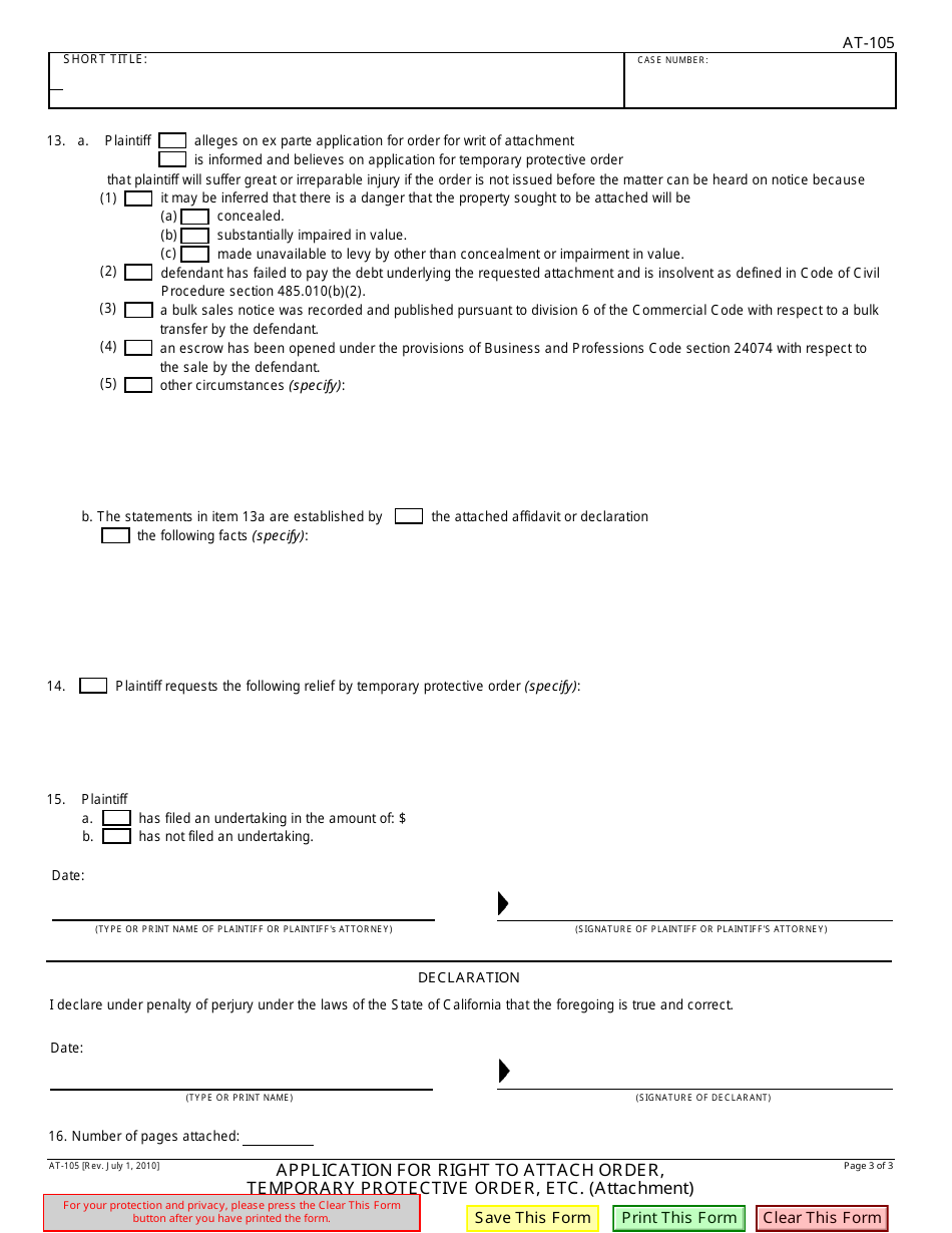 Form AT-105 Application for Right to Attach Order, Temporary Protective Order, Etc. - California, Page 3