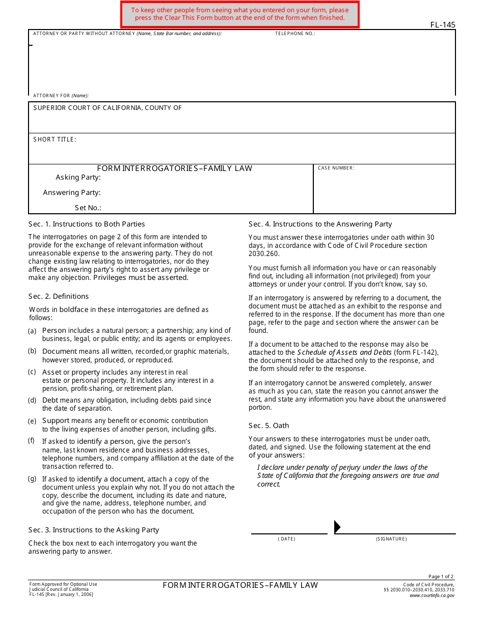 Form FL 145 Download Fillable PDF Or Fill Online Form Interrogatories 