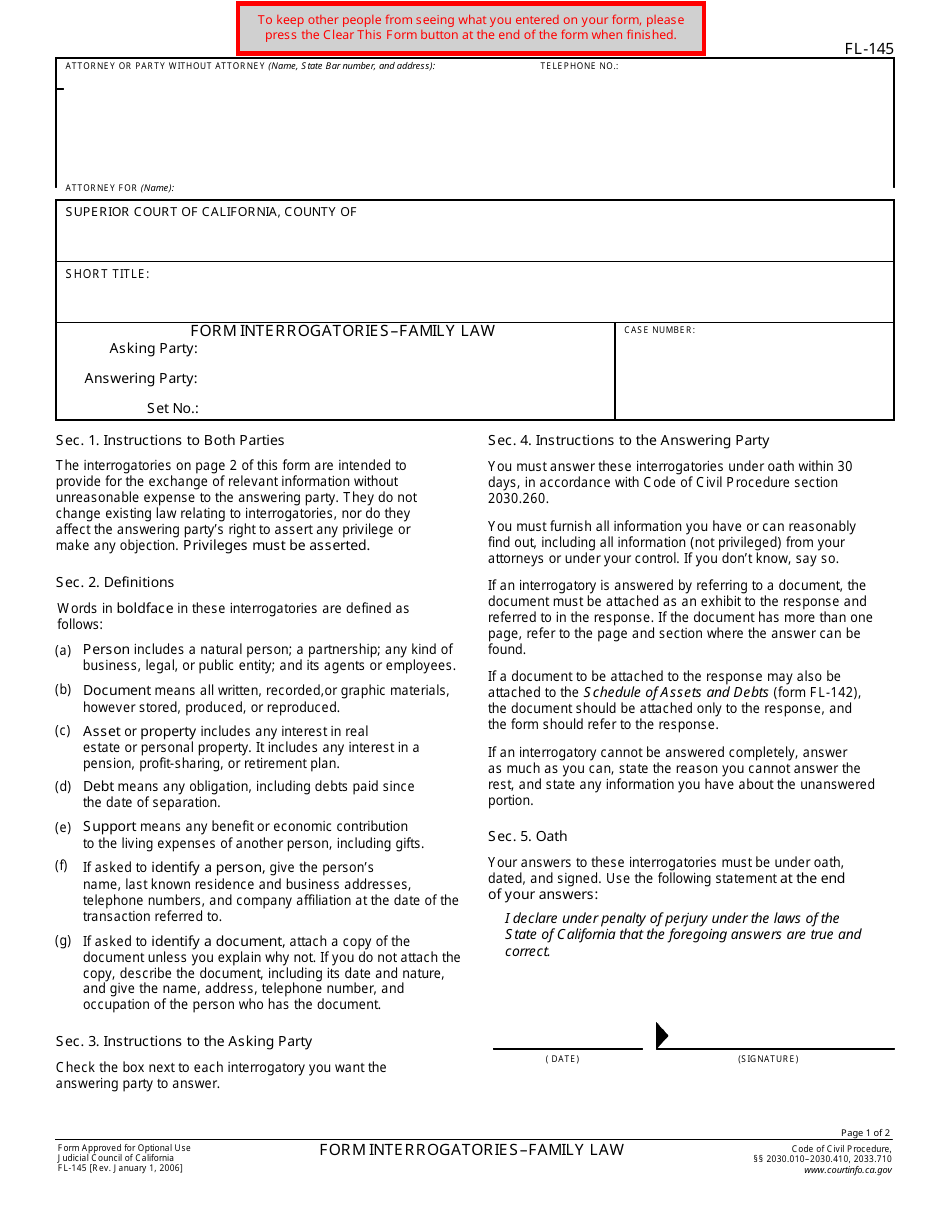 Form FL-145 Form Interrogatories - Family Law - California, Page 1