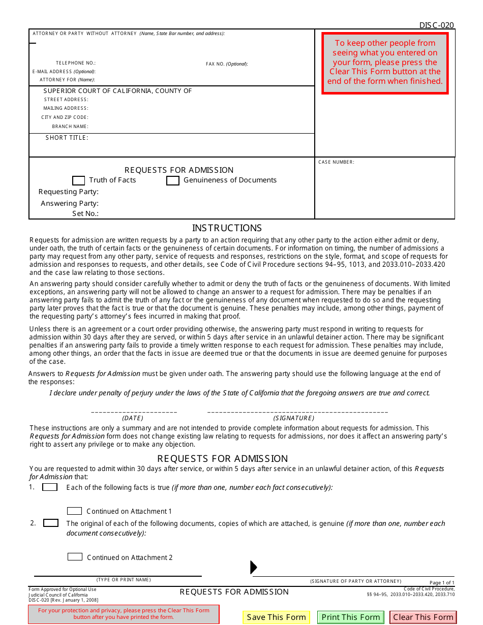 Form DISC-020 Request for Admission - California, Page 1