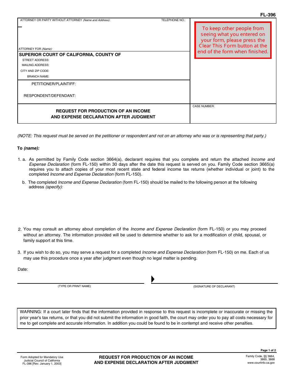 Form FL-396 Request for Production of an Income and Expense Declaration After Judgment - California, Page 1
