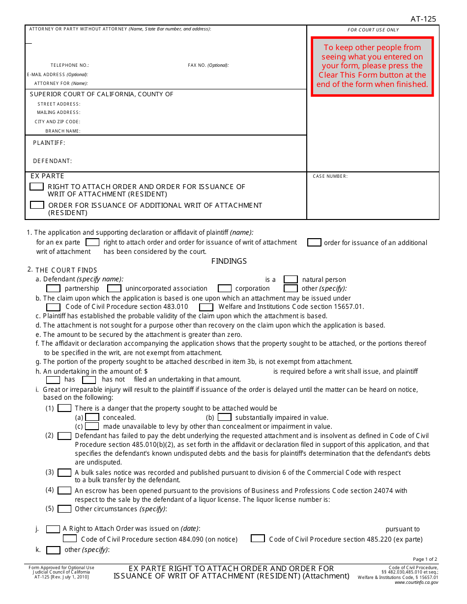 Form AT-125 Ex Parte Right to Attach Order and Order for Issuance of Writ of Attachment (Resident) - California, Page 1