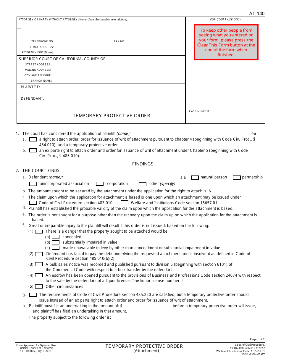 Form AT-140 Temporary Protective Order - California, Page 1
