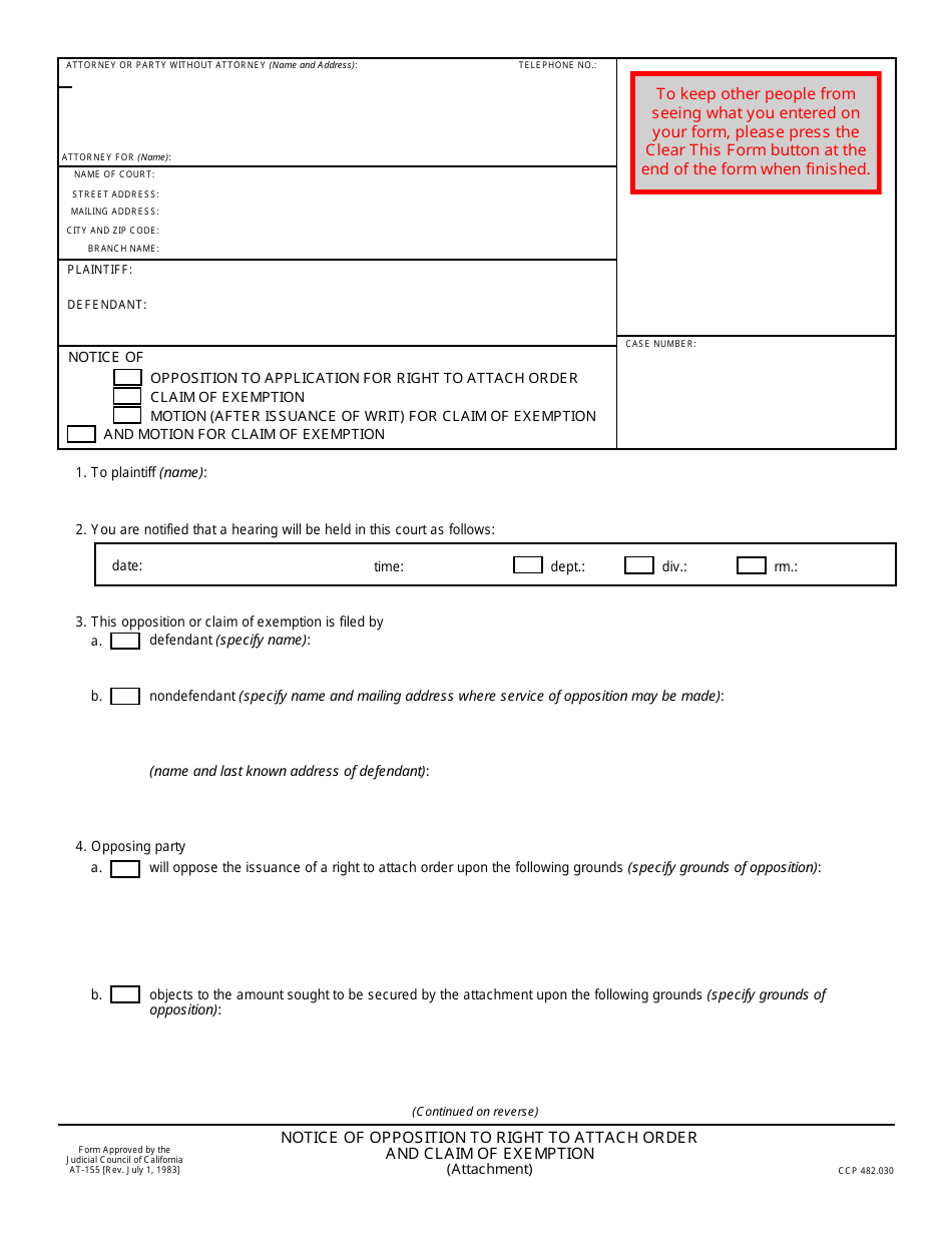 Form AT-155 Notice of Opposition to Right to Attach Order and Claim of Exemption - California, Page 1