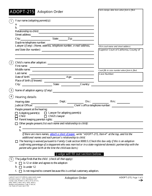 Form ADOPT-215  Printable Pdf