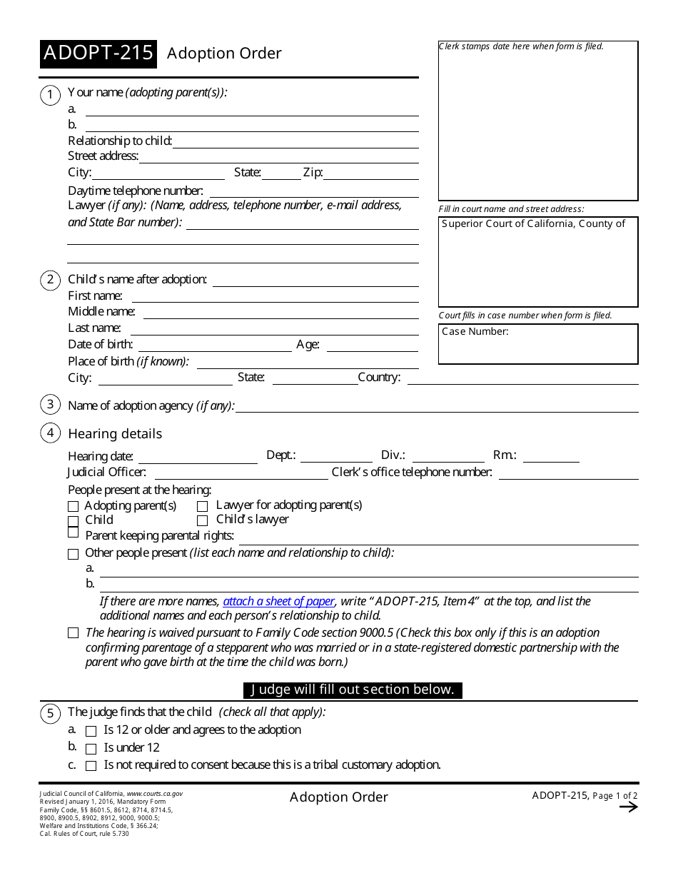 Form ADOPT-215 Adoption Order - California, Page 1