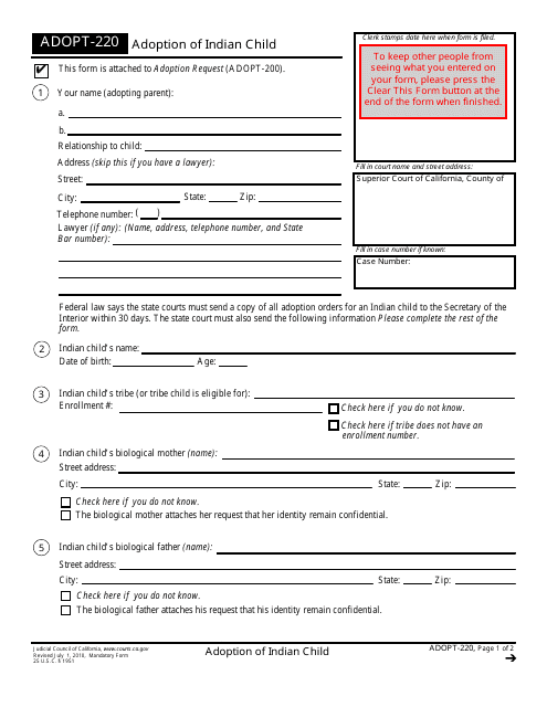 Form ADOPT-220  Printable Pdf