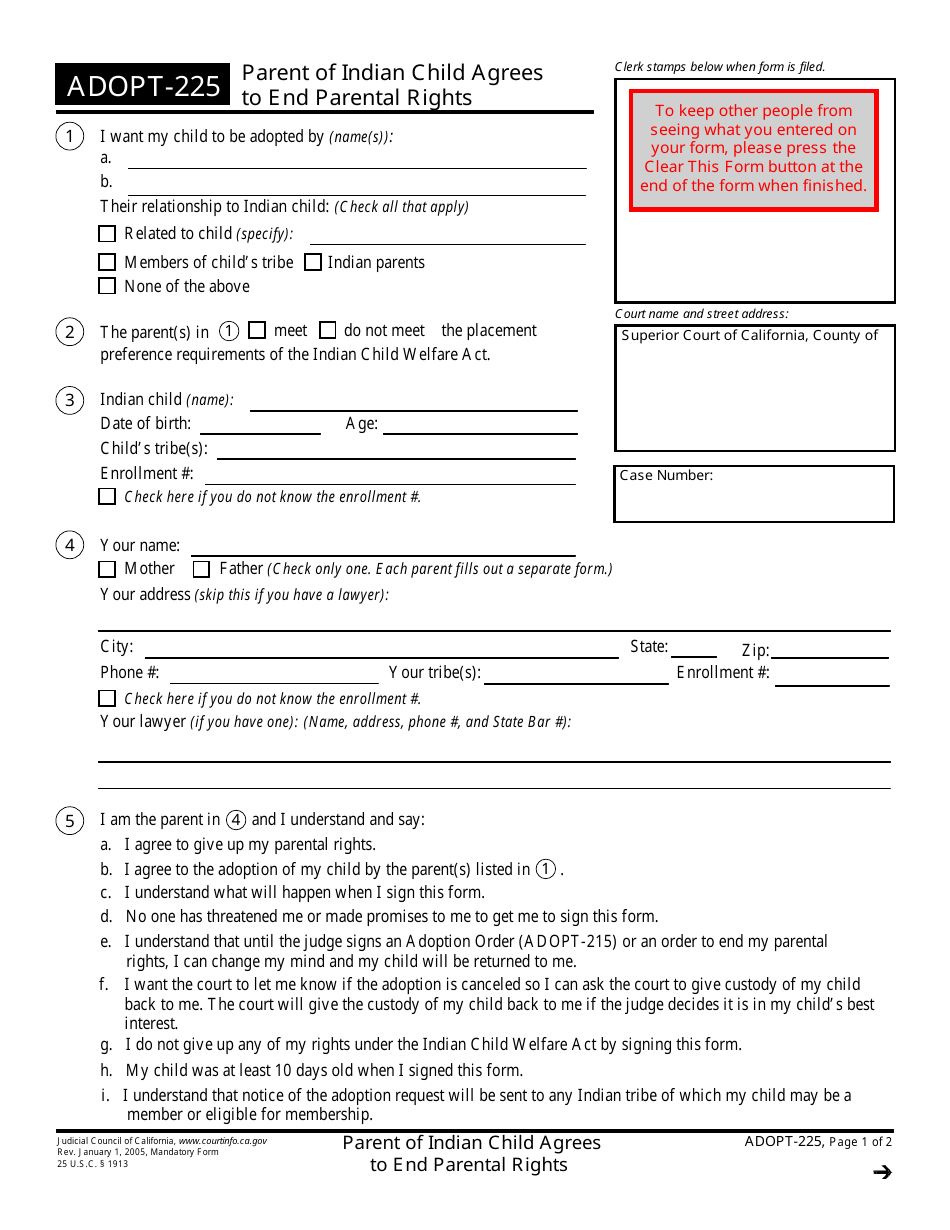 Form ADOPT225 Fill Out, Sign Online and Download Fillable PDF