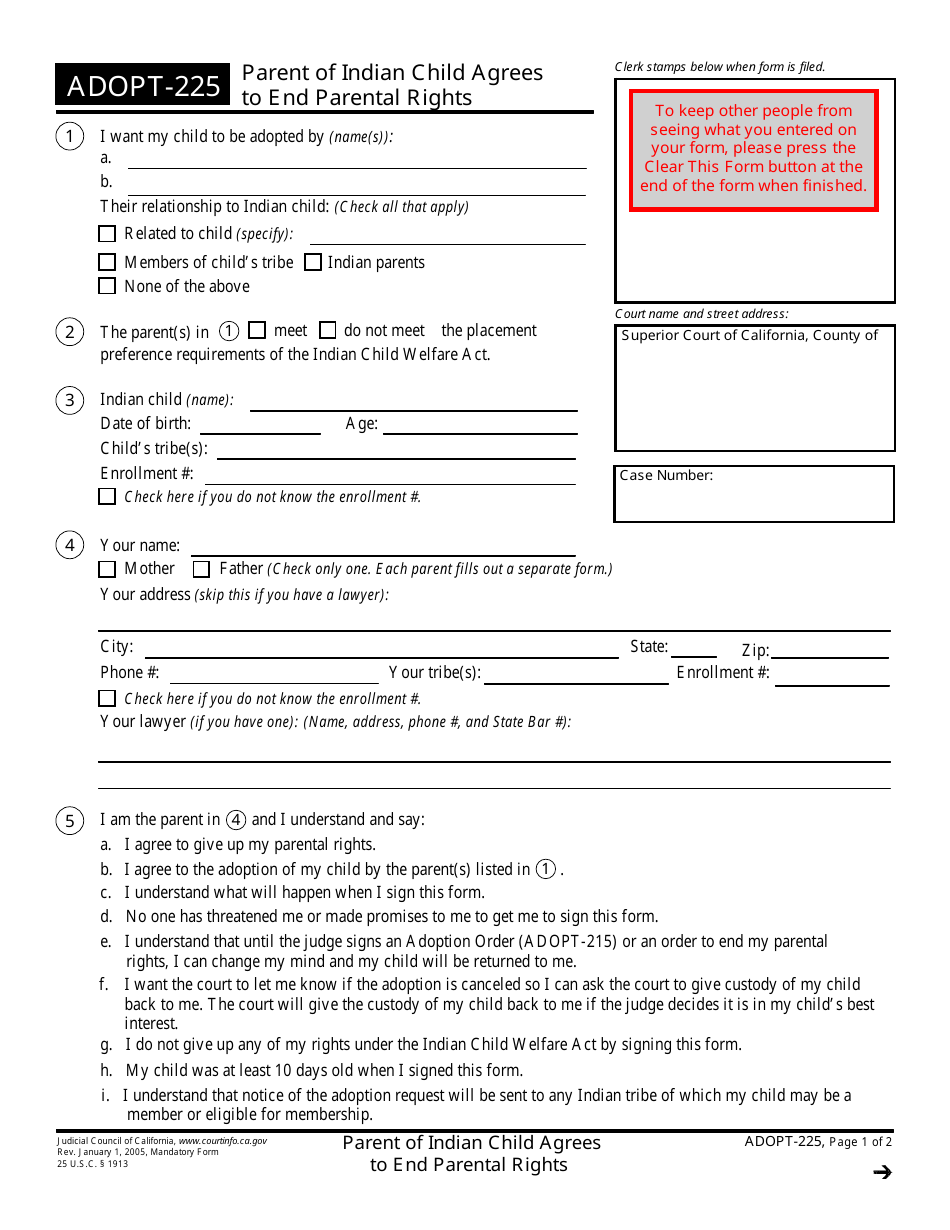 Form ADOPT-225 Parent of Indian Child Agrees to End Parental Rights - California, Page 1