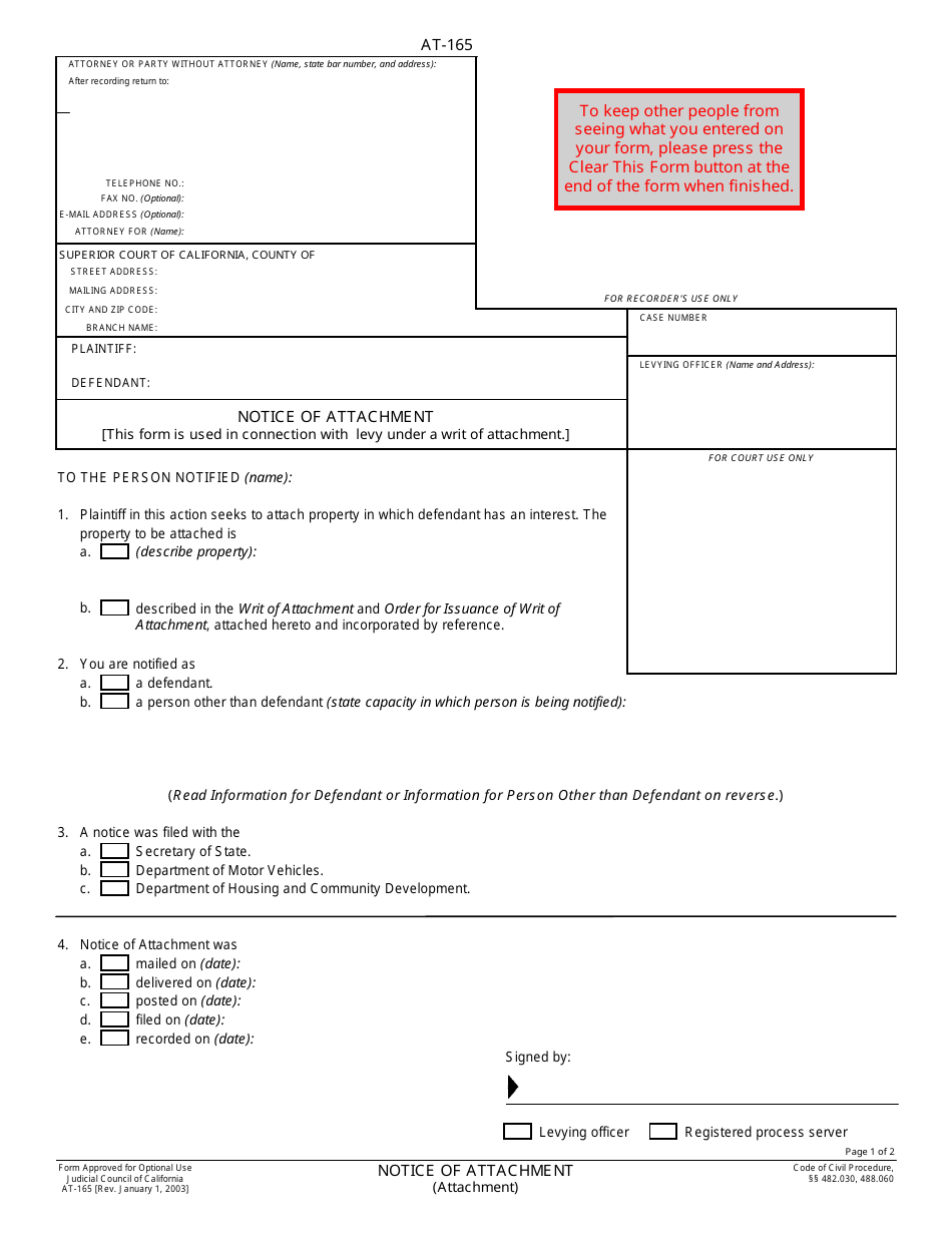Form AT-165 Notice of Attachment - California, Page 1